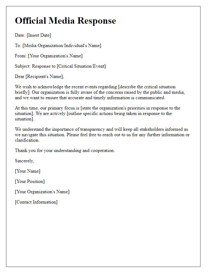 Letter template of official media response in critical situations