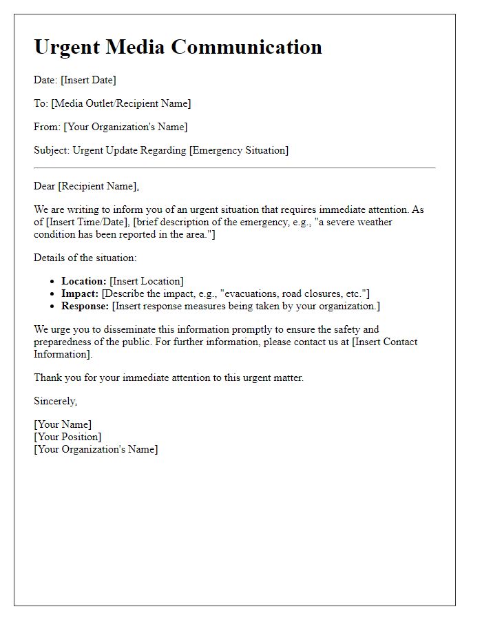 Letter template of urgent media communication for emergencies