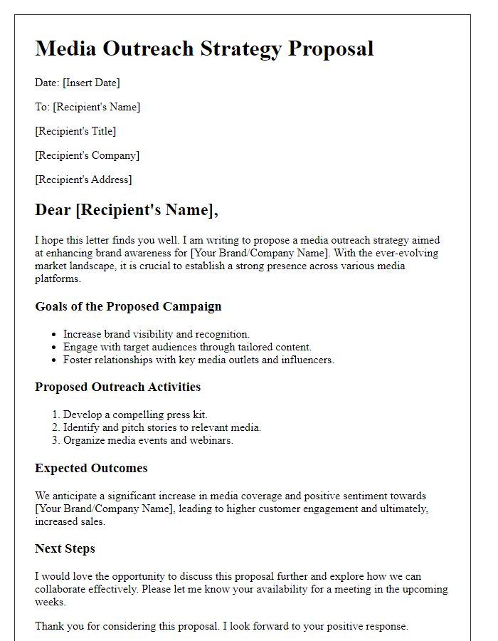 Letter template of media outreach strategy proposal for brand awareness campaigns