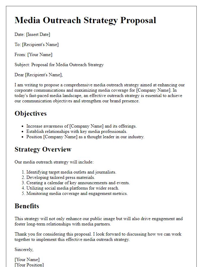 Letter template of media outreach strategy proposal for corporate communications