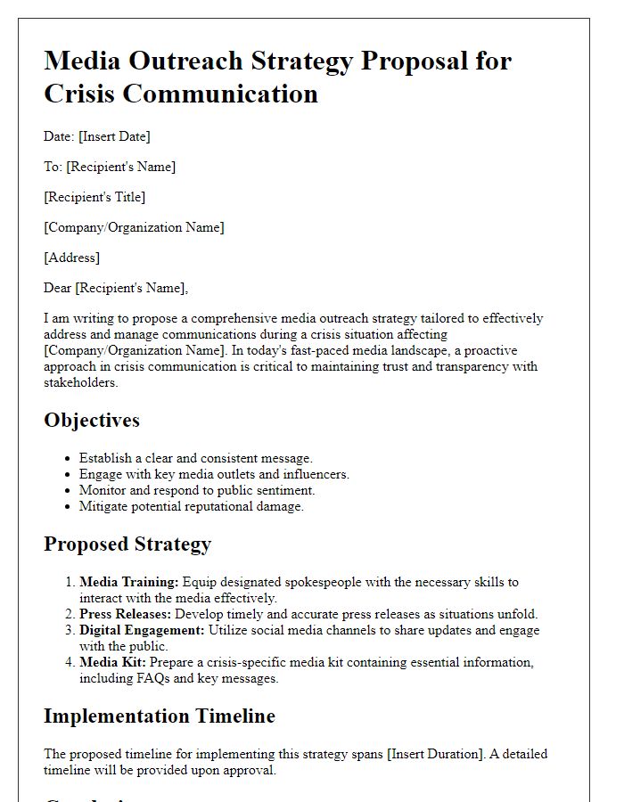 Letter template of media outreach strategy proposal for crisis communication