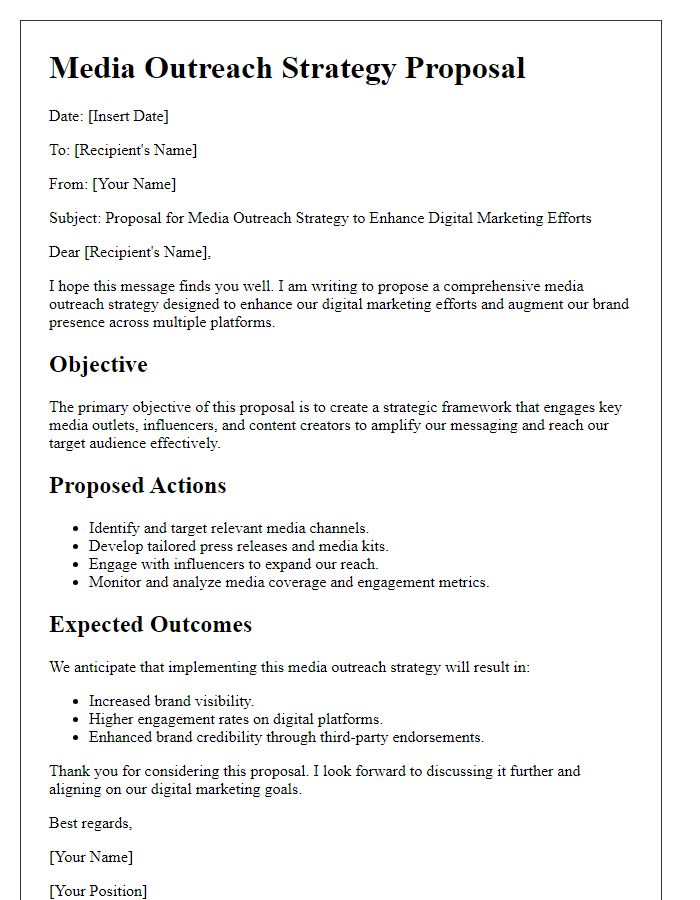 Letter template of media outreach strategy proposal for digital marketing efforts