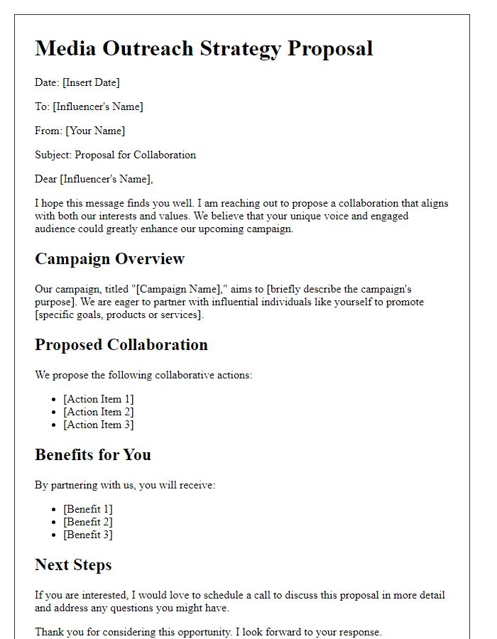 Letter template of media outreach strategy proposal for influencer collaborations