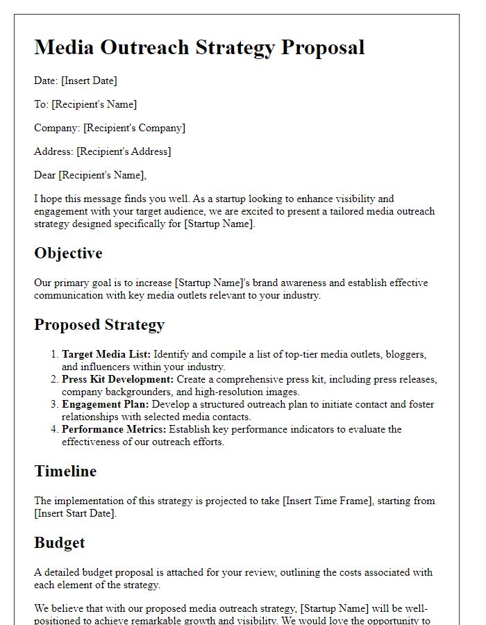 Letter template of media outreach strategy proposal for startups