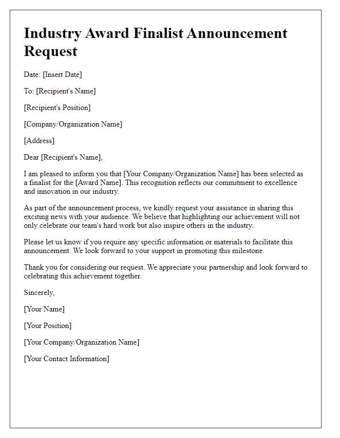 Letter template of industry award finalist announcement request