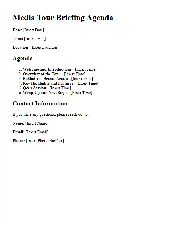 Letter template of agenda for behind-the-scenes media tour briefing.