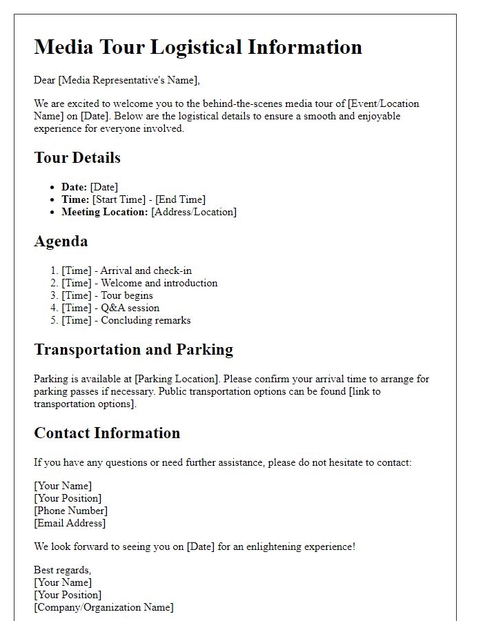 Letter template of logistical information for behind-the-scenes media tour.