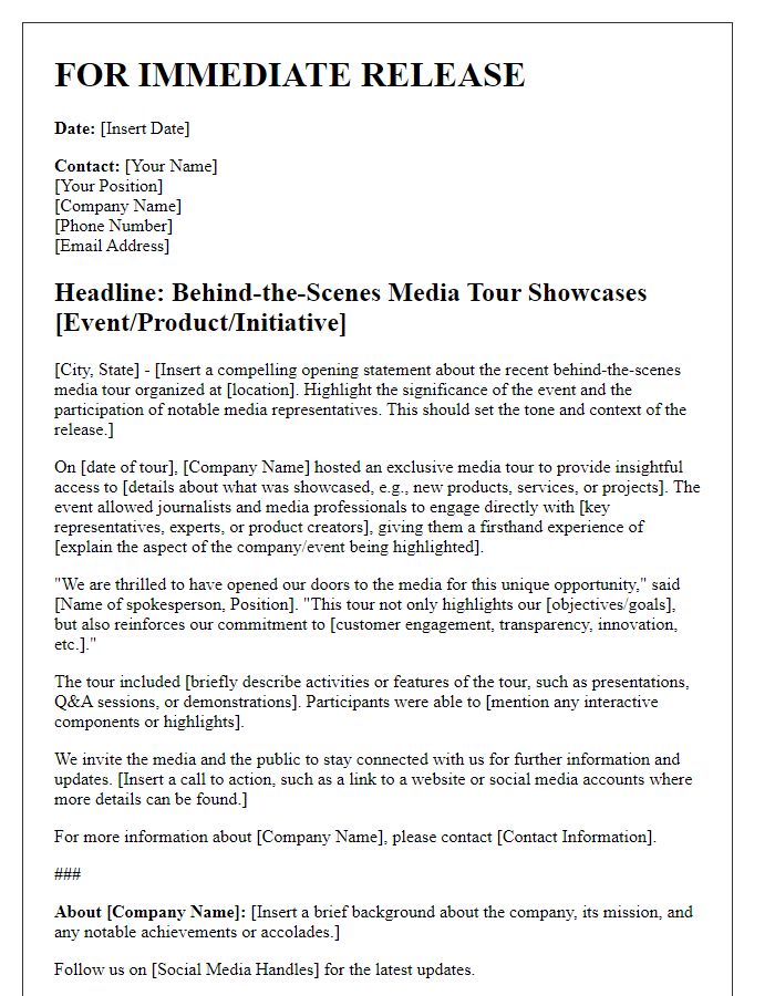 Letter template of press release following behind-the-scenes media tour.