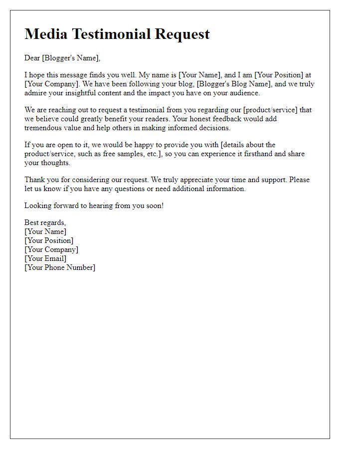 Letter template of Media Testimonial Request for Bloggers