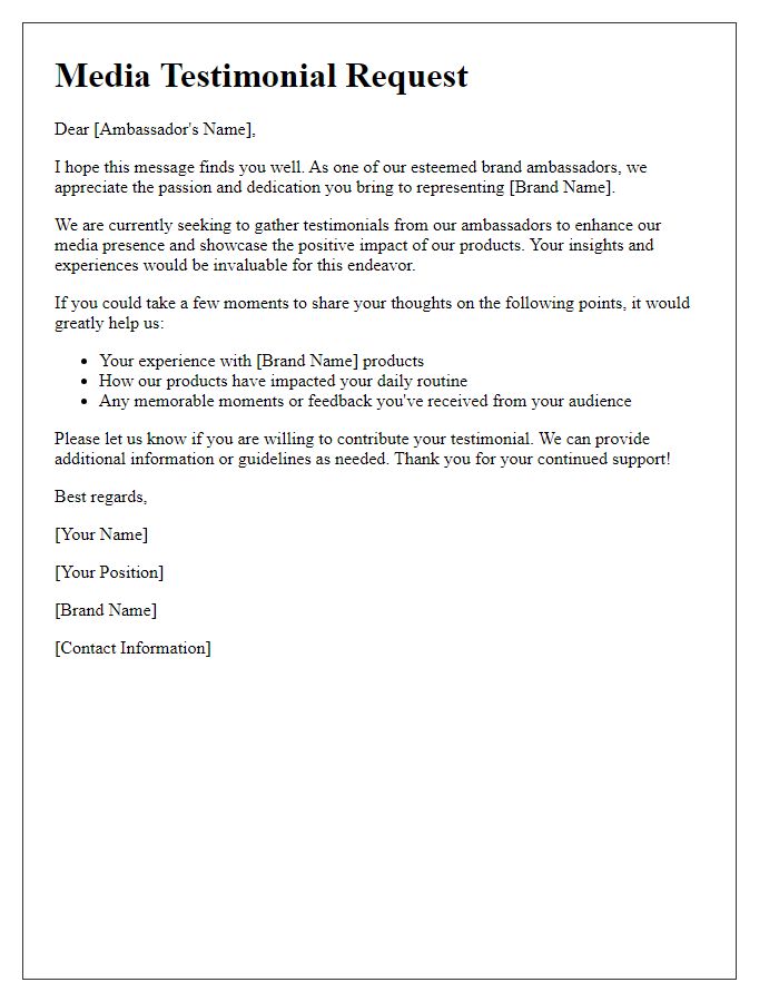 Letter template of Media Testimonial Request for Brand Ambassadors