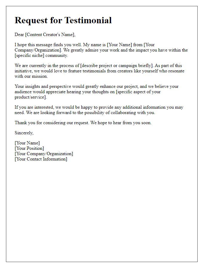 Letter template of Media Testimonial Request for Content Creators