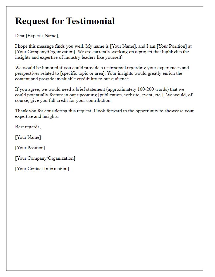 Letter template of Media Testimonial Request for Industry Experts