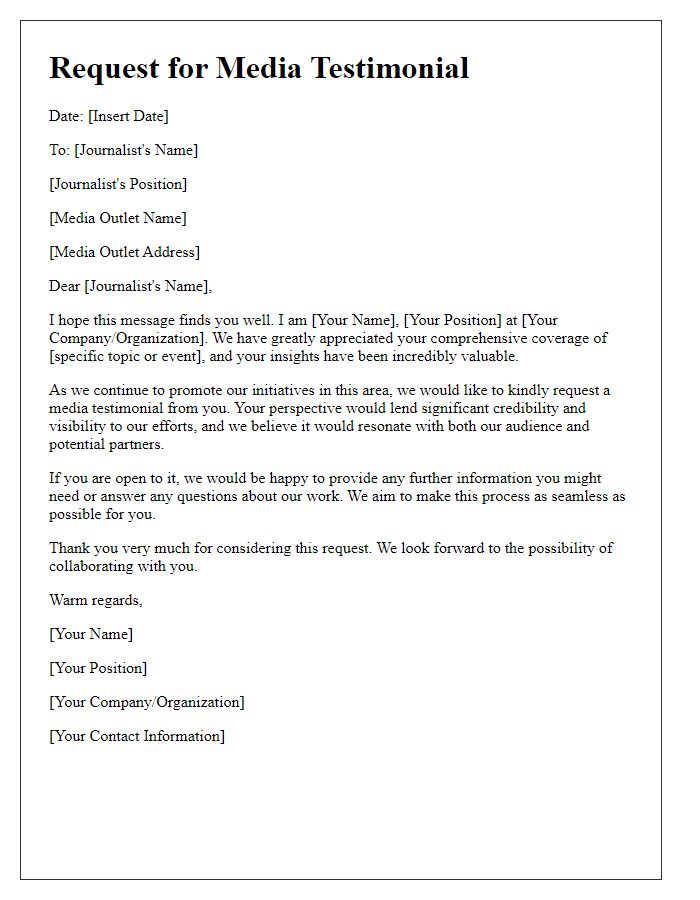 Letter template of Media Testimonial Request for Journalists