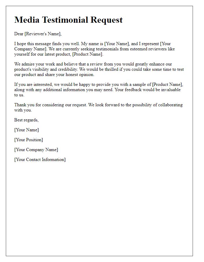 Letter template of Media Testimonial Request for Product Reviewers