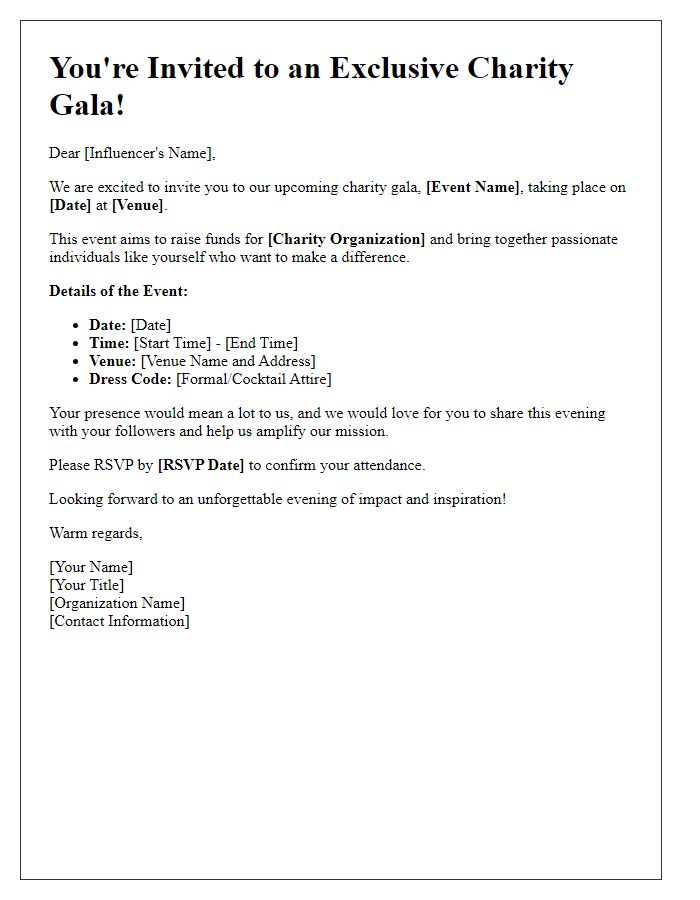 Letter template of influencer event invitation for charity gala.