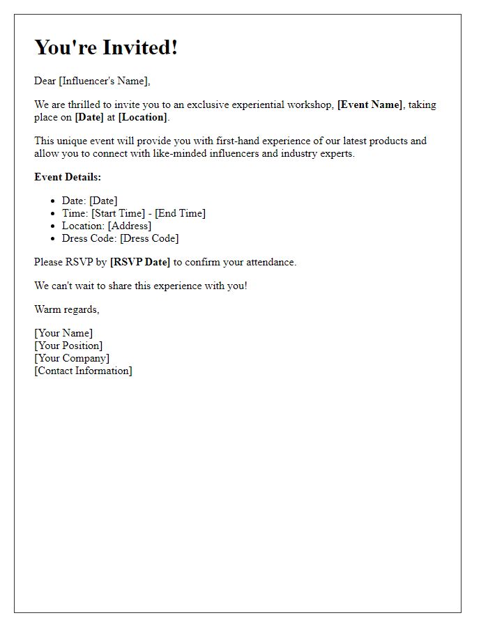 Letter template of influencer event invitation for experiential workshop.