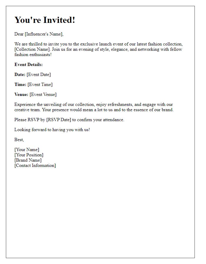 Letter template of influencer event invitation for fashion launch.