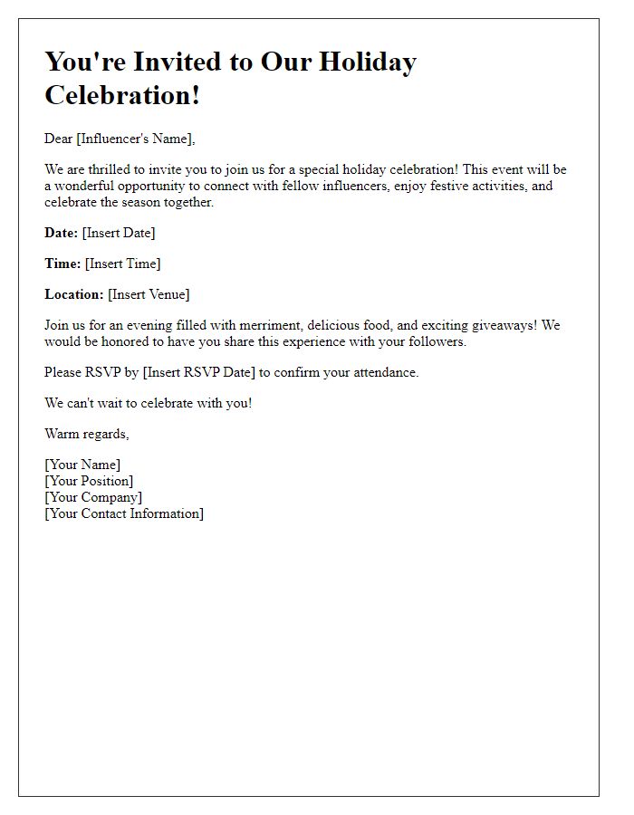 Letter template of influencer event invitation for holiday celebration.