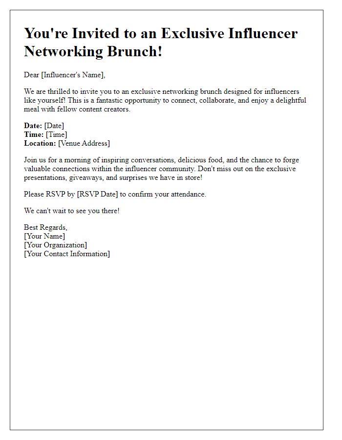 Letter template of influencer event invitation for networking brunch.