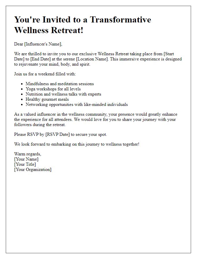 Letter template of influencer event invitation for wellness retreat.