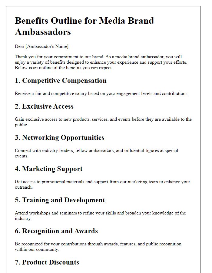 Letter template of benefits outline for media brand ambassadors