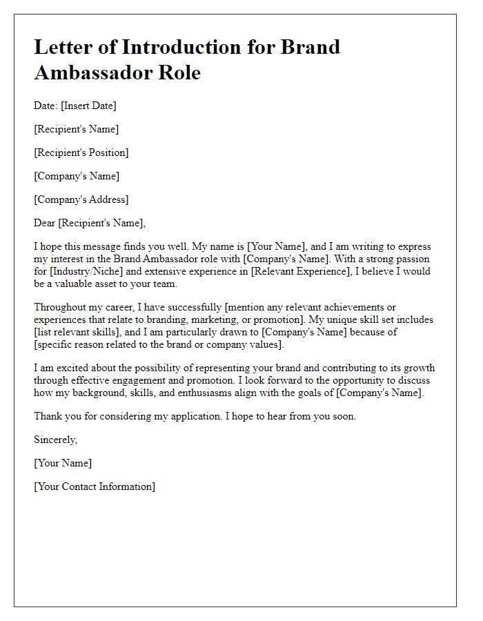 Letter template of introduction for brand ambassador roles