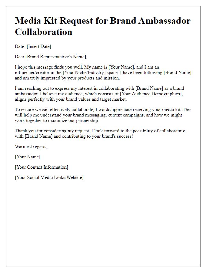 Letter template of media kit request for brand ambassador collaboration