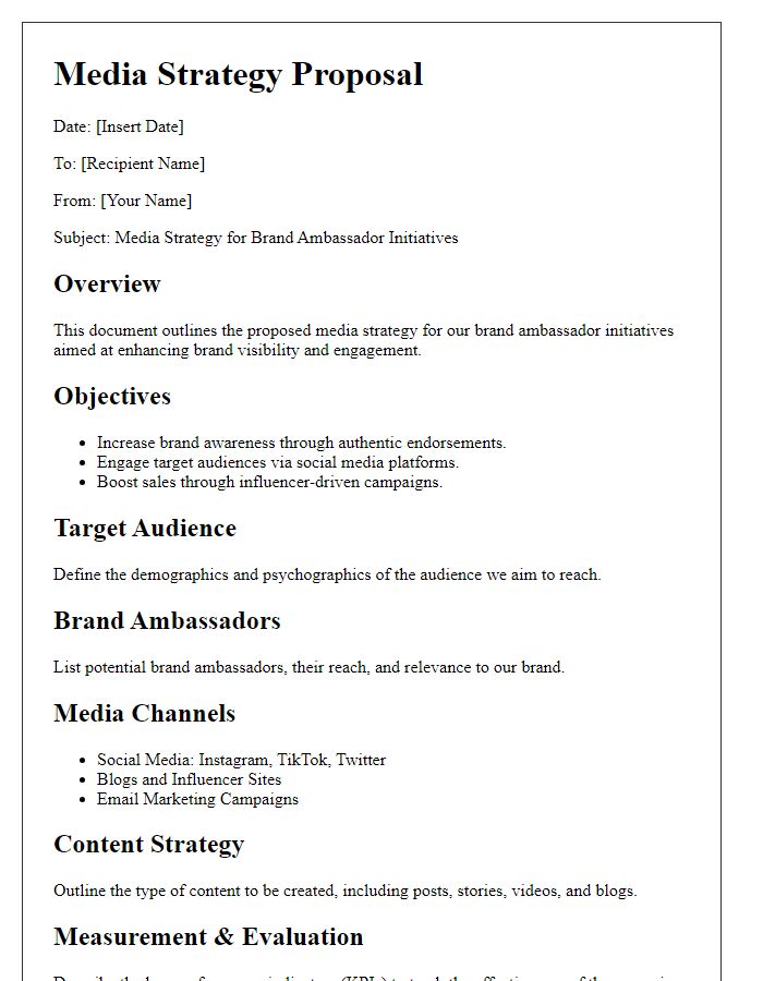 Letter template of media strategy for brand ambassador initiatives