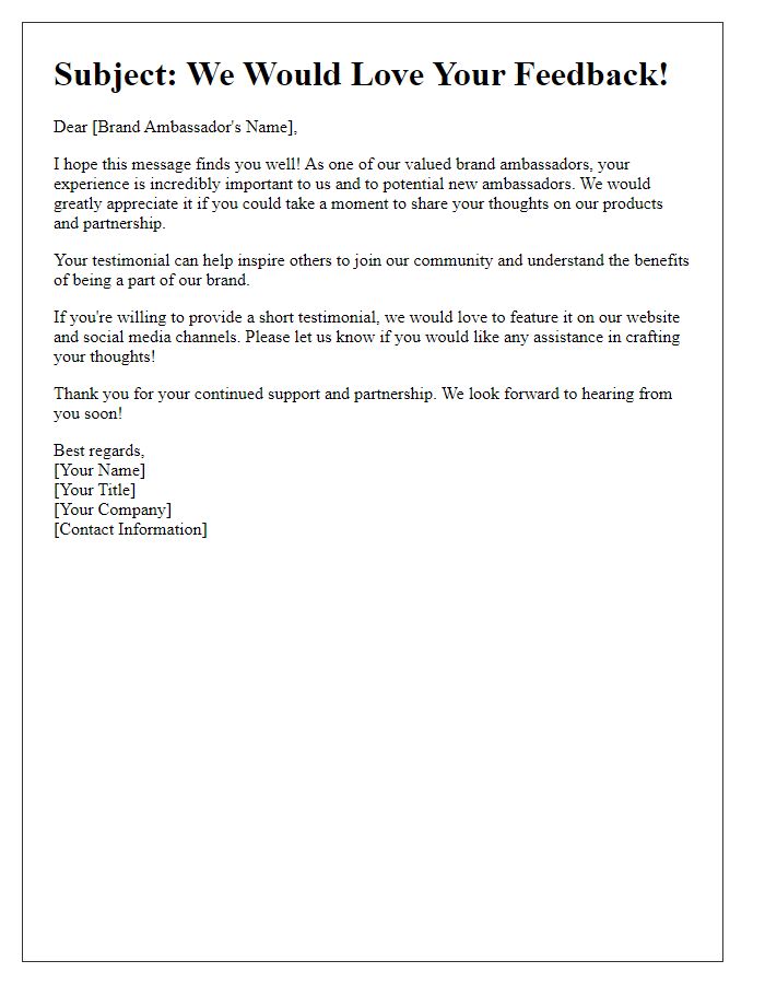 Letter template of outreach for brand ambassador testimonials