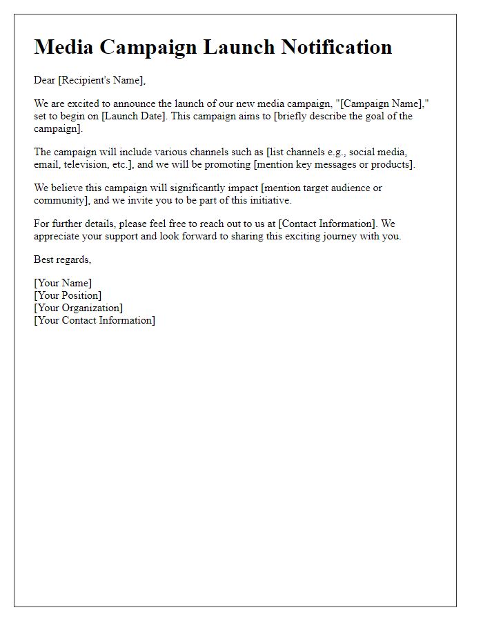 Letter template of a media campaign launch notification