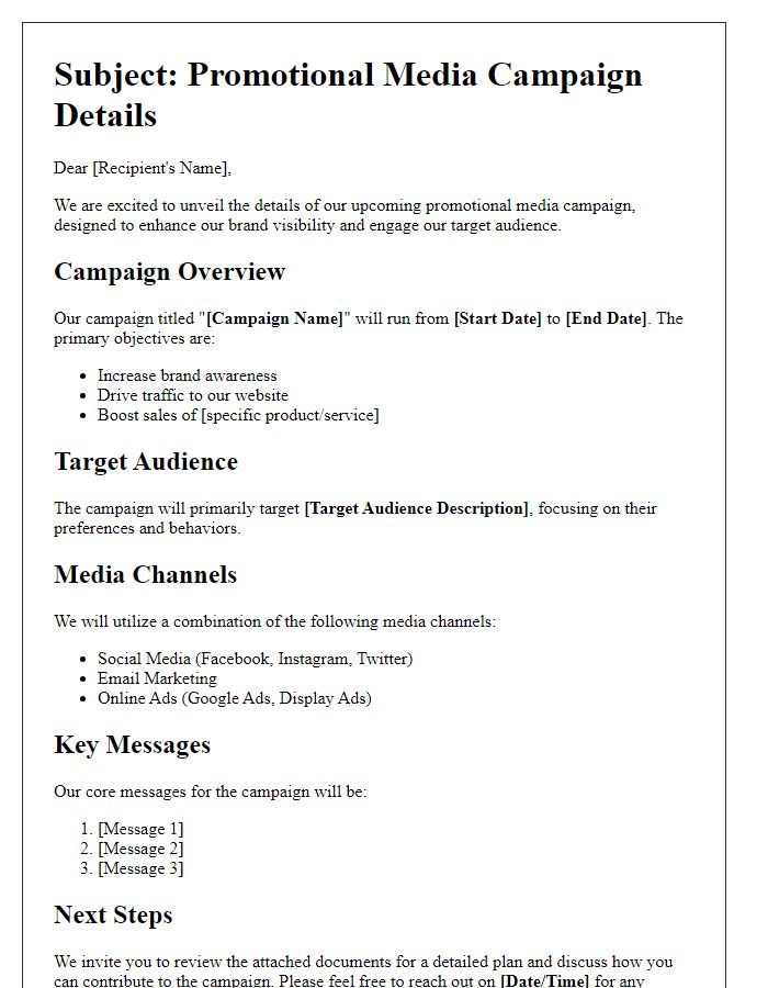 Letter template of promotional media campaign details