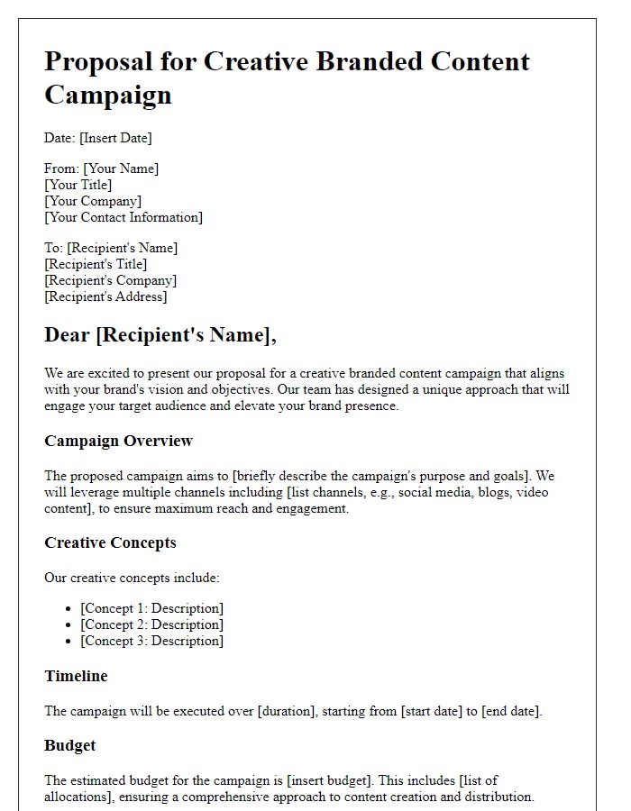 Letter template of creative branded content campaign offer