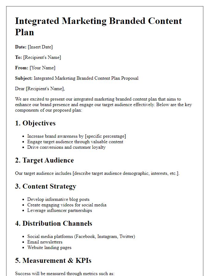 Letter template of integrated marketing branded content plan