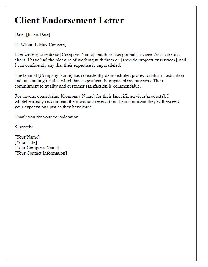 Letter template of client endorsement for marketing materials.