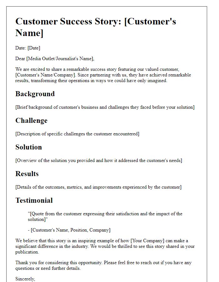 Letter template of customer success story for media publication.