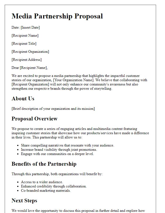 Letter template of media partnership proposal featuring customer stories.