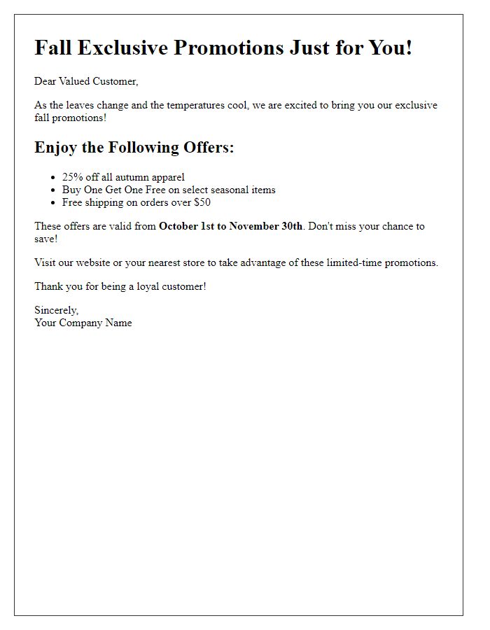 Letter template of fall exclusive promotions.