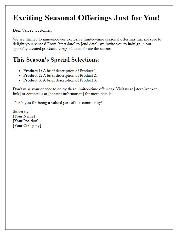 Letter template of limited-time seasonal offerings.