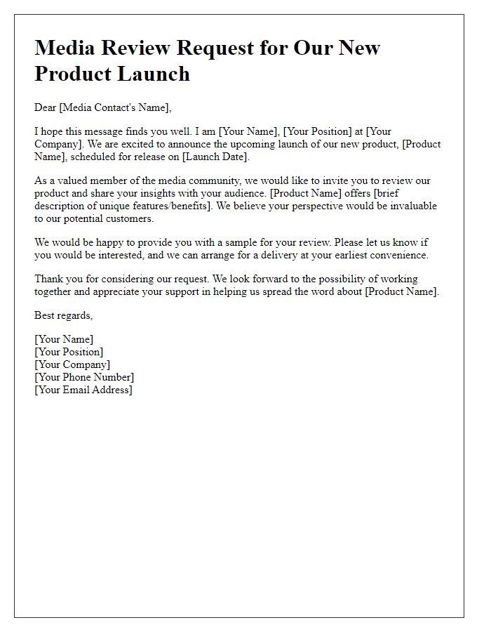 Letter template of media review request for product launch.