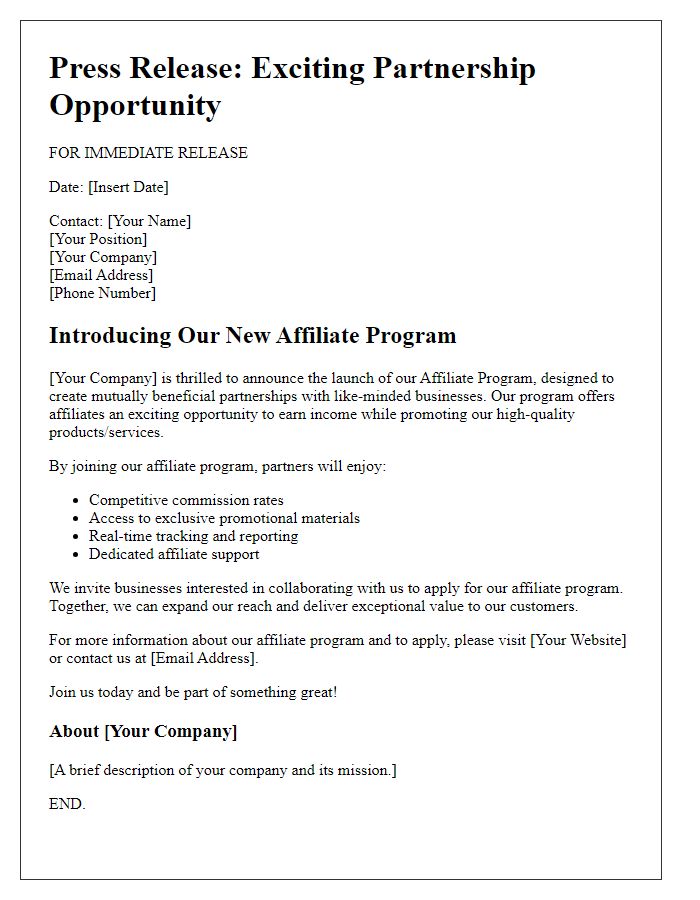 Letter template of affiliate program introduction for partnership press release