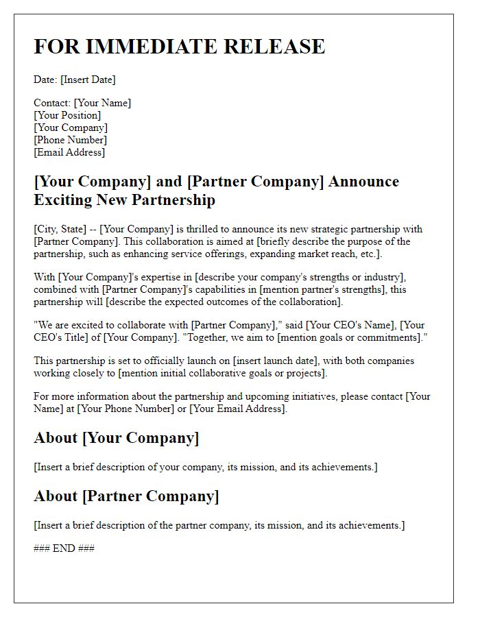 Letter template of business collaboration unveiling for partnership press release