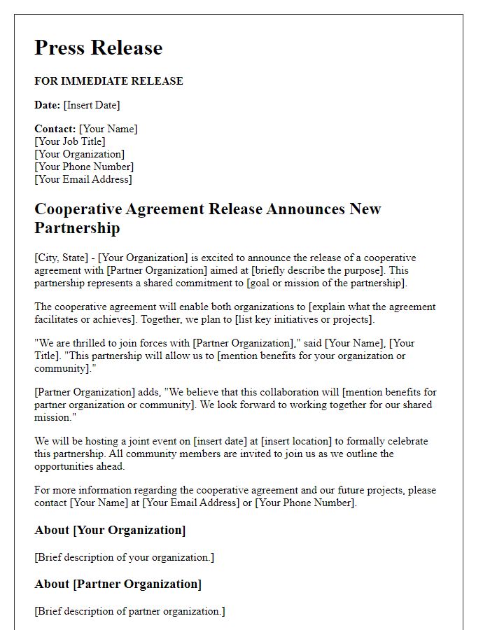 Letter template of cooperative agreement release for partnership press release