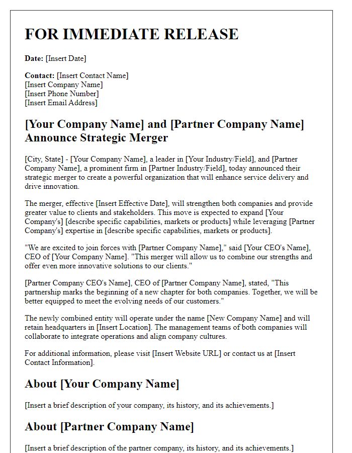 Letter template of merger and acquisition partnership for partnership press release