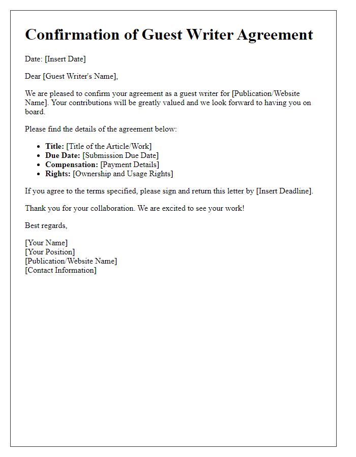 Letter template of confirmation for guest writer agreement