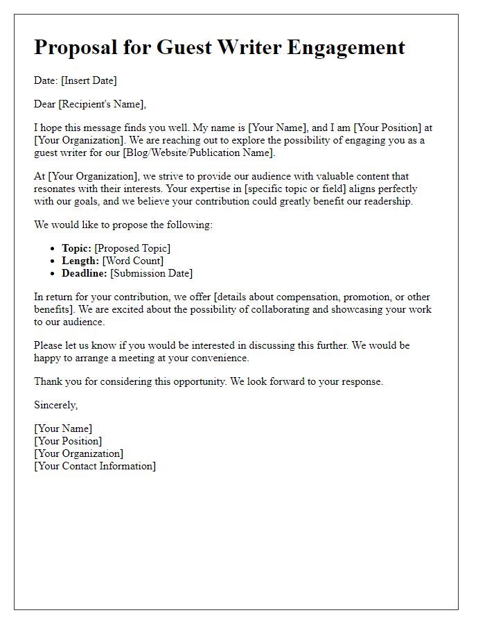 Letter template of proposal for guest writer engagement