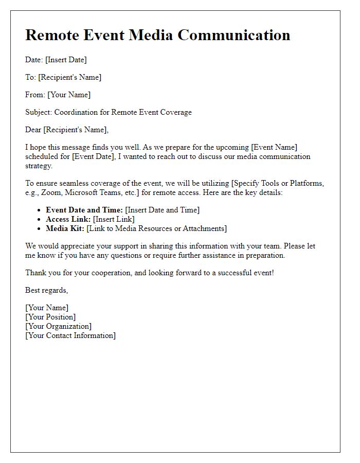 Letter template of remote event media communication