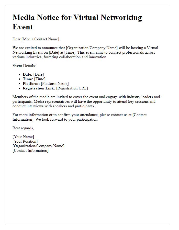 Letter template of virtual networking event media notice