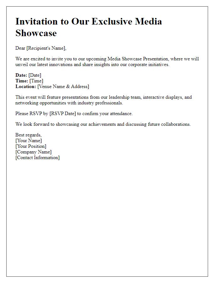 Letter template of media showcase presentation for corporate event.