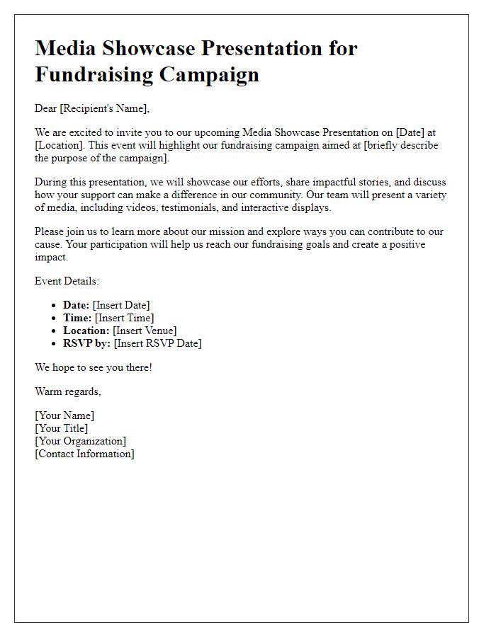 Letter template of media showcase presentation for fundraising campaign.