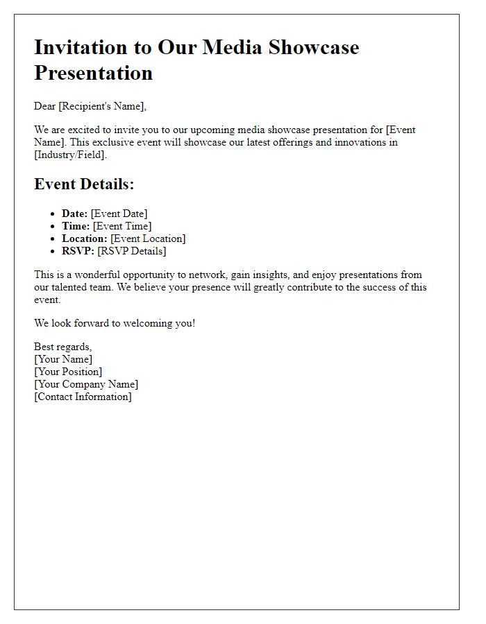 Letter template of media showcase presentation for promotional event.